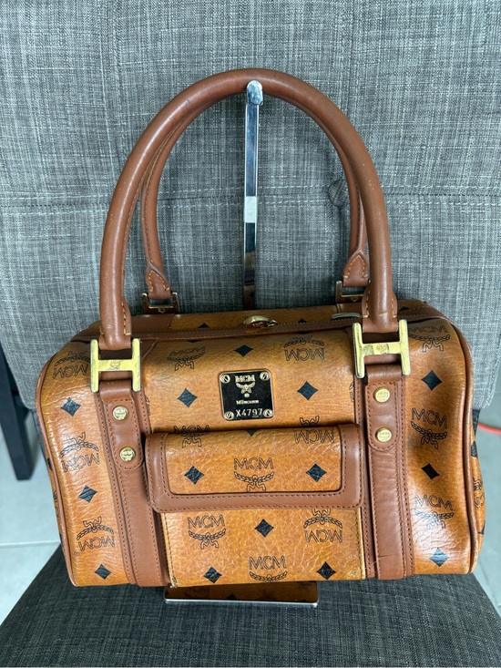 MCM Handbags - MCM Brown Visetos Logo Satchel with Gold Hardware